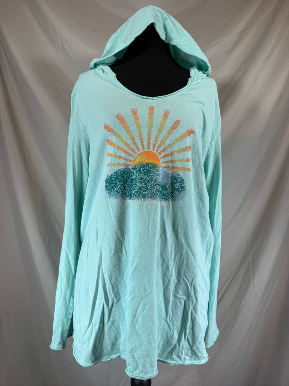 Life is Good Sun & Waves Hooded Long Sleeve Crusher Tee Mint Green - Size Large
